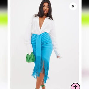PRETTY LITTLE THING Tassel Hem Midi Skirt In Aqua Blue. Size small. NWT